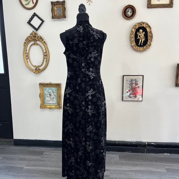 Vintage Y2K CBC whimsical Goth shimmer formal Black Velvet Floral Maxi Dress - Picture 3 of 5